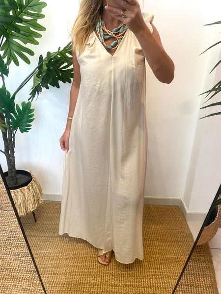Vestido liso alça larga franzida creme