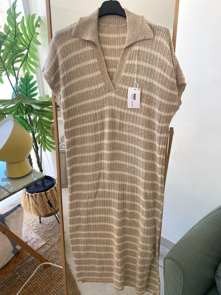 Vestido de malha riscas beje