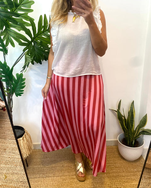 Saia malha fria riscas vermelho e rosa