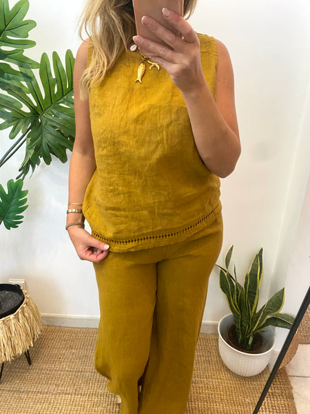 Conjunto de linho top alça larga mostarda