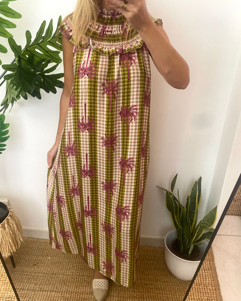 Vestido gola franzida palmeiras verde