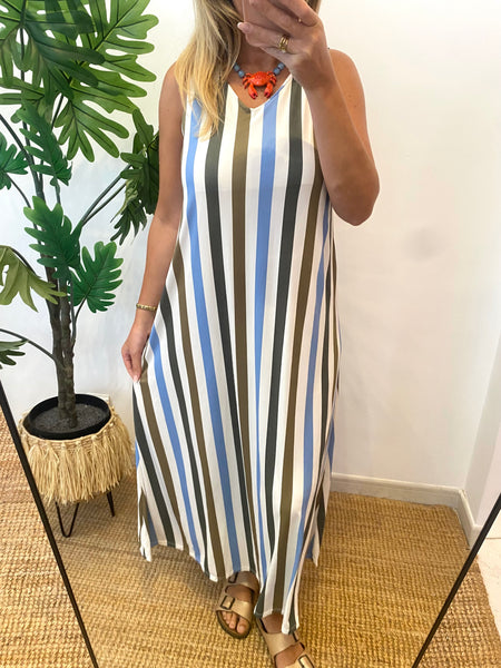 Vestido comprido malha fria riscas finas
