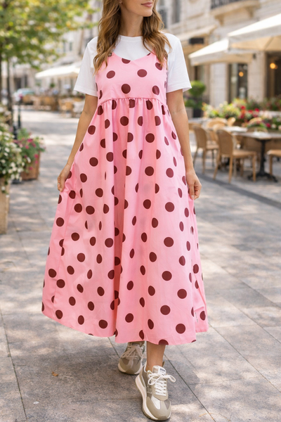 Vestido rosa jardineira com bolas