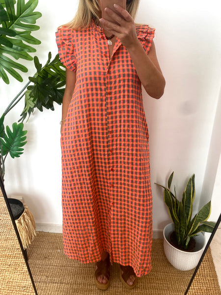 Vestido vichy folho manga laranja e beje