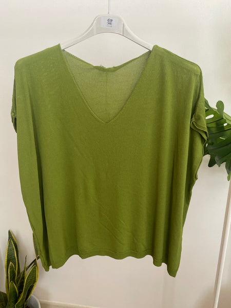 Camisola de malha decote V azeitona