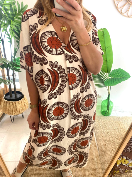 Vestido estampado castanho/tijolo