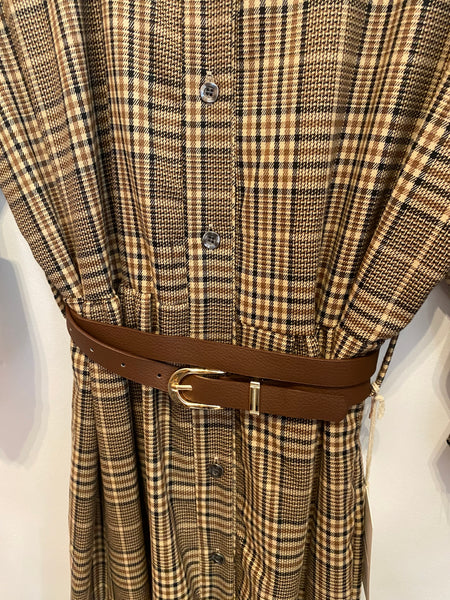 Vestido camisa quadrados com cinto camel