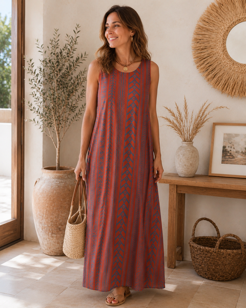 Vestido comprido malha fria savana telha/petróleo
