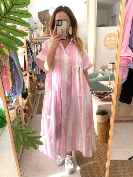 Vestido camisa riscas/rosa