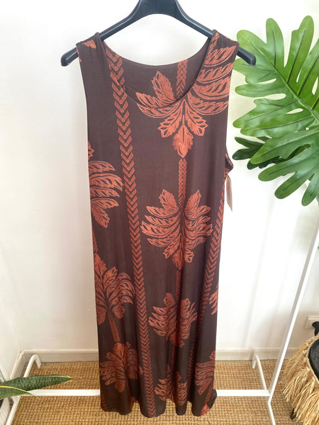 Vestido comprido malha fria palmeiras telha