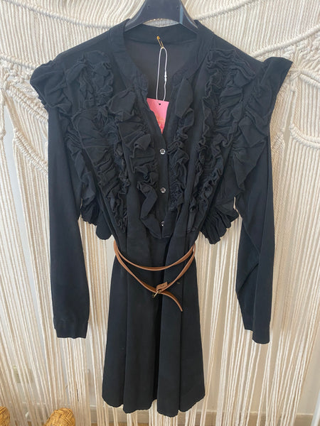 Vestido bombazina folhos c/cinto preto