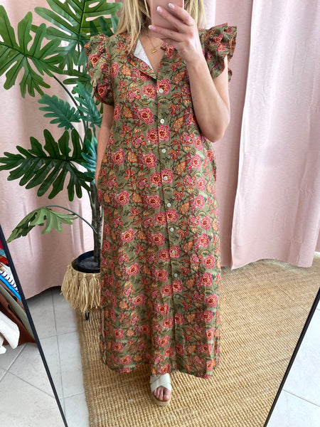 Vestido camisa estampa flores verde