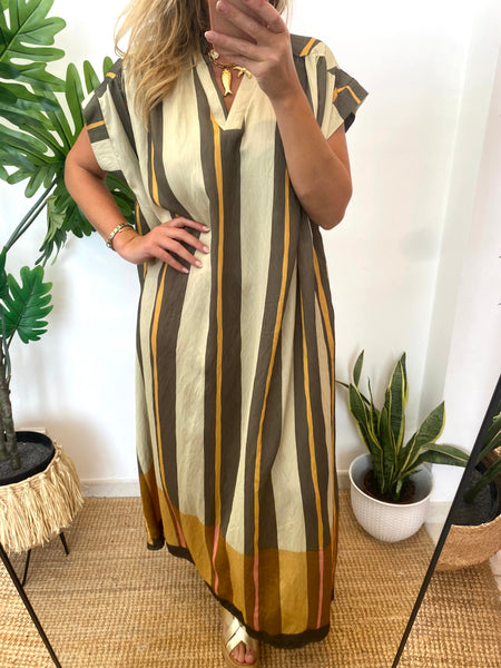 Vestido oversize riscas kaki