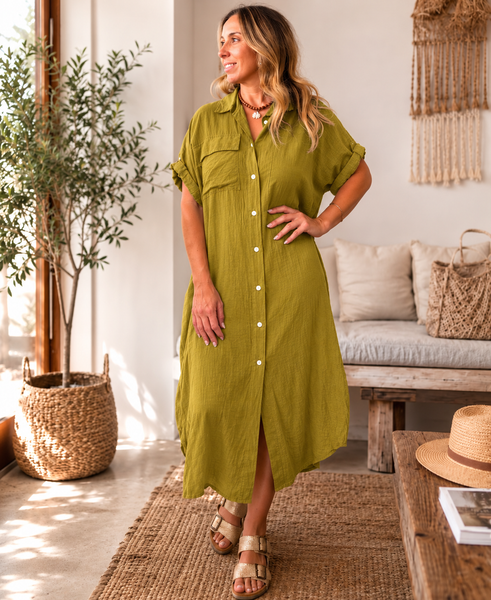 Vestido camisa liso estampado com bolso verde azeitona