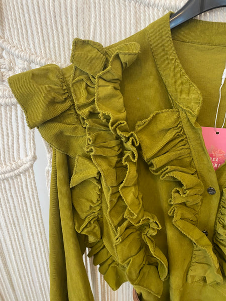 Vestido bombazina folhos c/cinto verde oliva