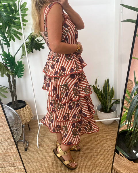 Vestido Sevilha riscas e flores telha