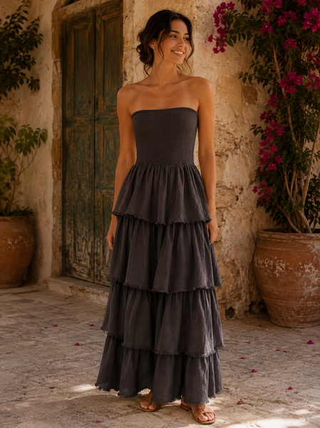 Vestido caí caí com folhos verde castanho