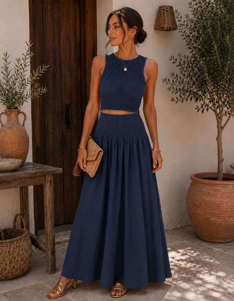 Conjunto franzido top e azul marinho