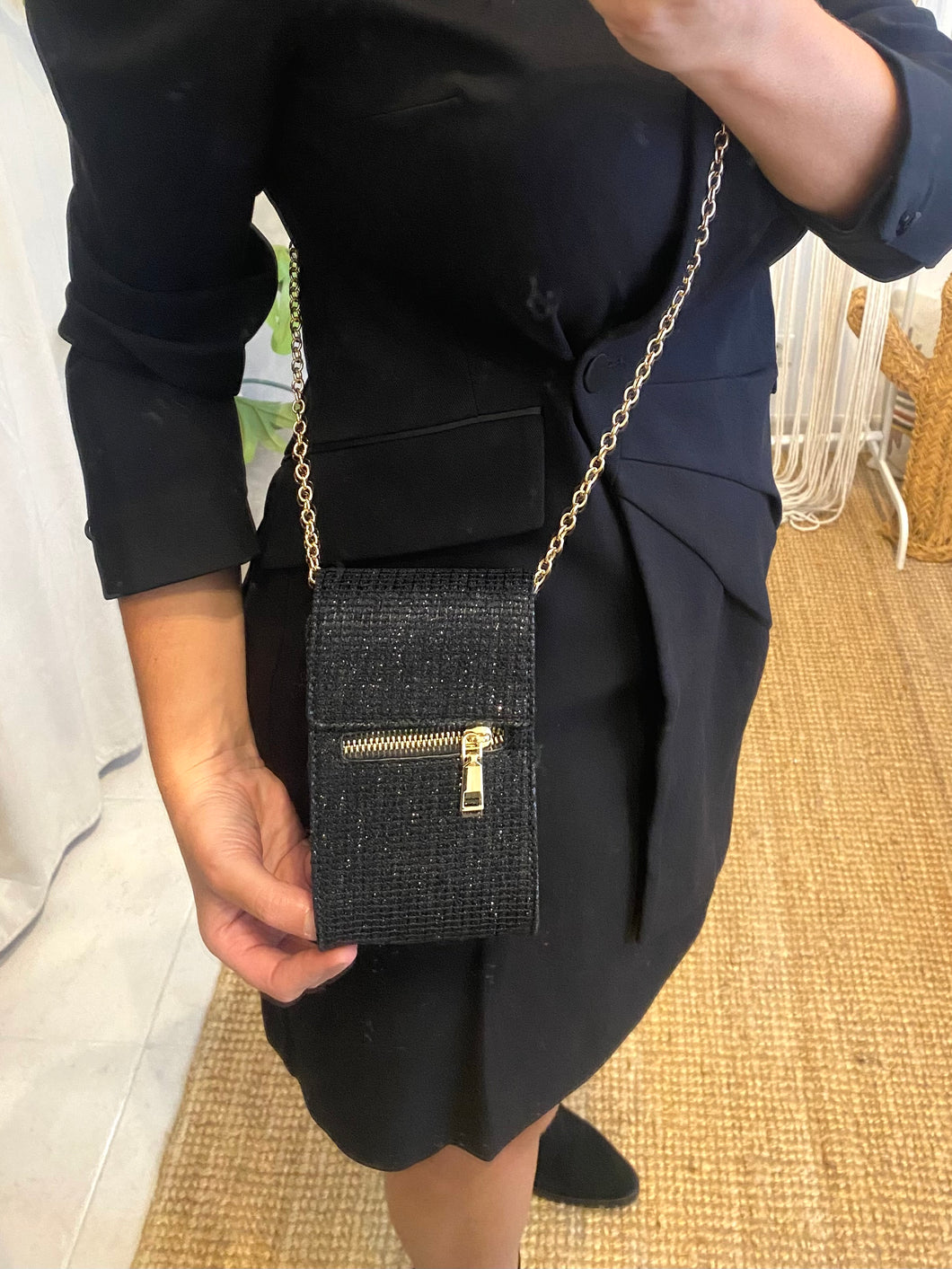 Bolsa para telemóvel preto brilho MORGAN