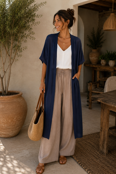Kimono comprido acetinado marinho