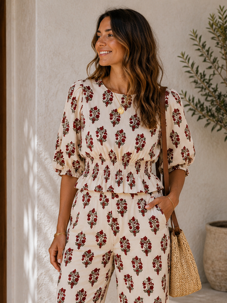 Blusa crop manga balão flores branco