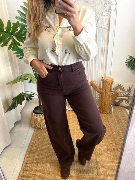 Calças sarja barrel castanho