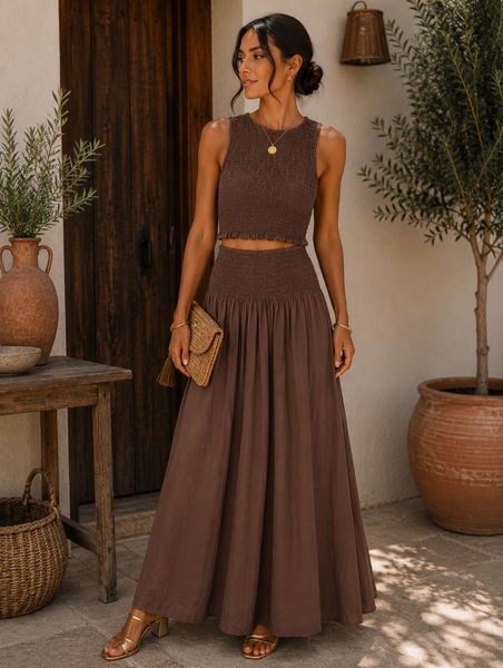 Conjunto franzido top e saia castanho