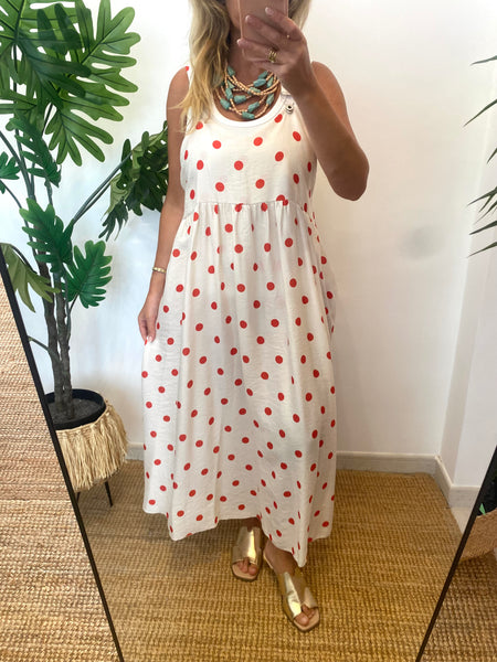 Vestido jardineira bolas branco/vermelho