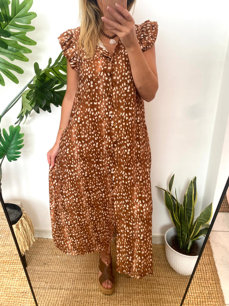 Vestido camisa com folho manga estampa bambi tijolo