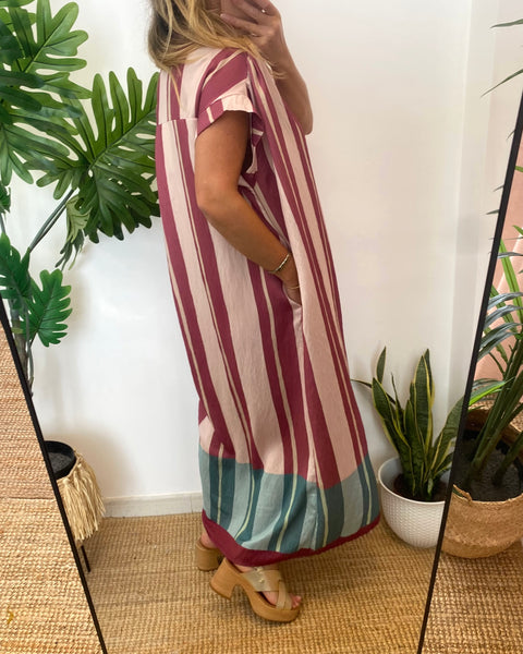 Vestido oversize riscas rosa