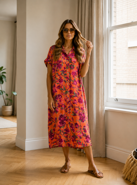Vestido camisa estampa floral laranja