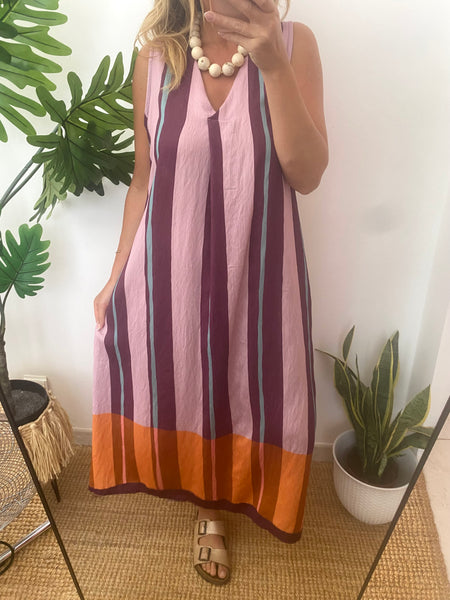 Vestido riscas largas rosa