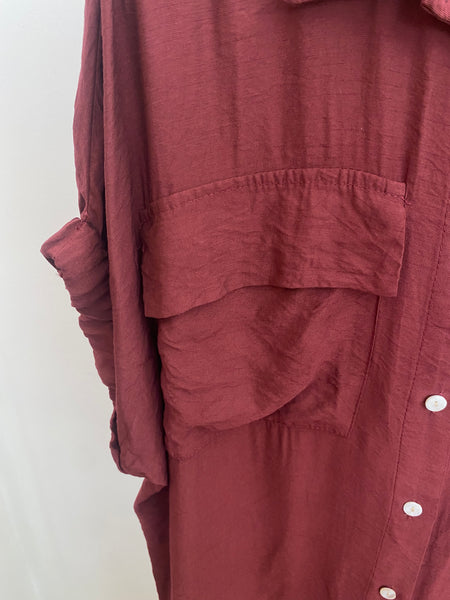 Vestido camisa liso estampado com bolso bordeaux