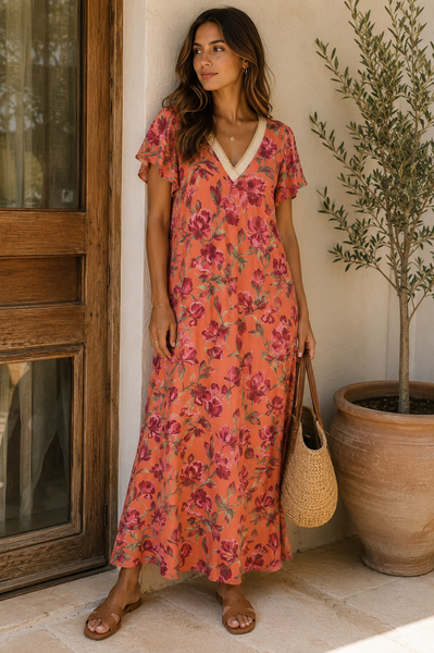 Vestido malha fria estampado flores laranja