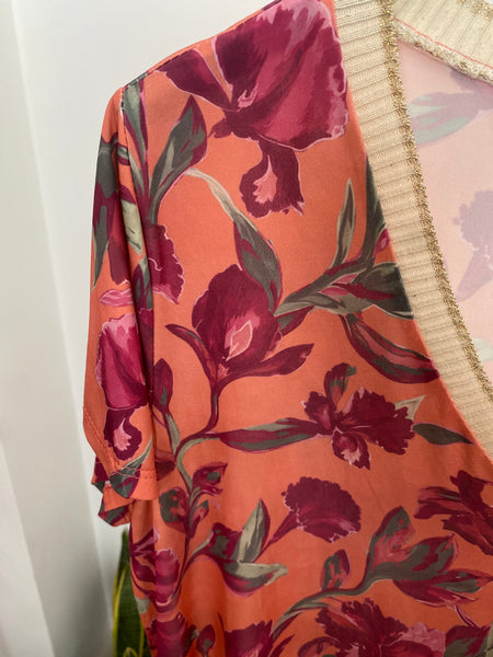 Vestido malha fria estampado flores laranja