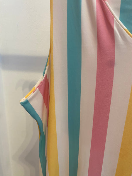 Vestido comprido malha fria riscas turquesa e amarelo