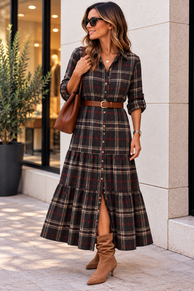 Vestido camisa quadrados com cinto cinza escuro