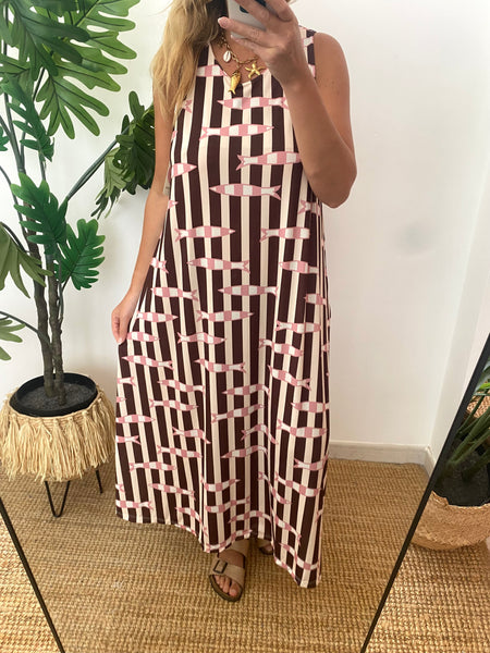 Vestido comprido malha fria sardinhas rosa