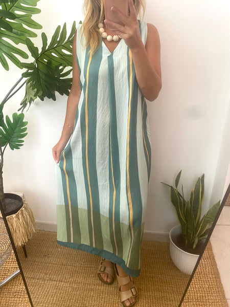 Vestido riscas largas turquesa