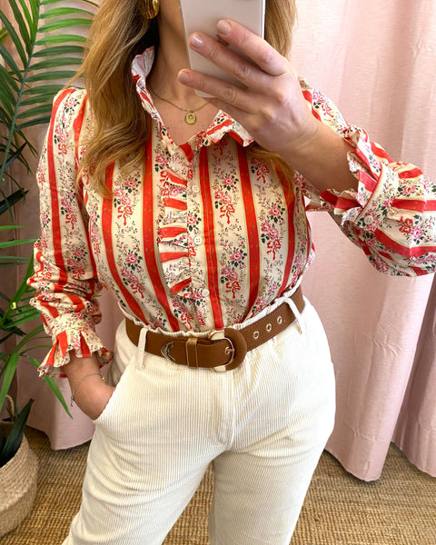Camisa algodão estampa riscas e flores