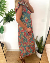 Carregar imagem no visualizador da galeria, Vestido camisa com folho manga estampa ginkgo turquesa
