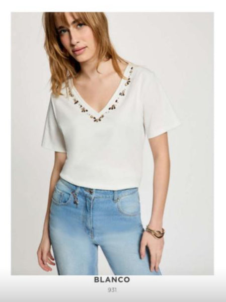 T-shirt Morgan decote v pedras castanhas
