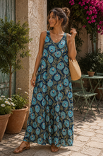 Carregar imagem no visualizador da galeria, Vestido comprido malha fria flores marinho e turquesa
