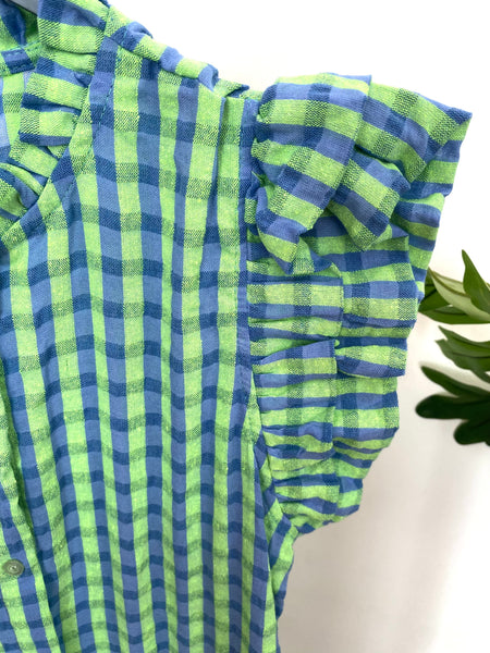 Vestido vichy folho manga verde e azul