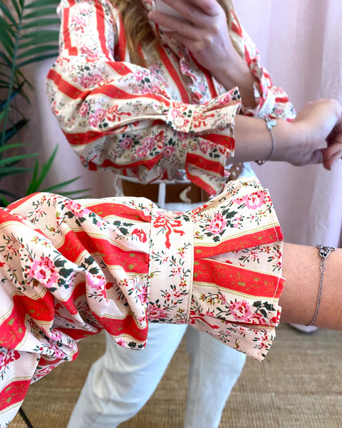 Camisa algodão estampa riscas e flores