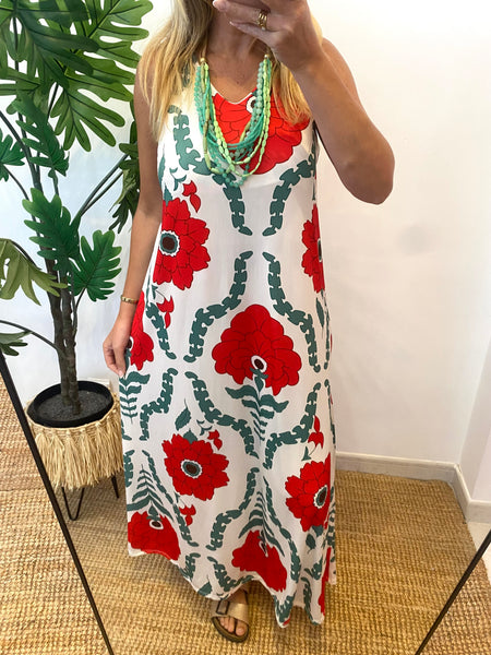 Vestido comprido malha fria estampa papoilas branco