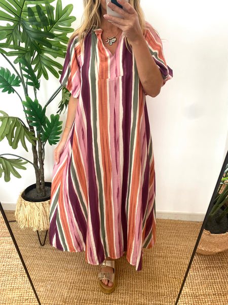 Vestido riscas manga balão rosa e verde