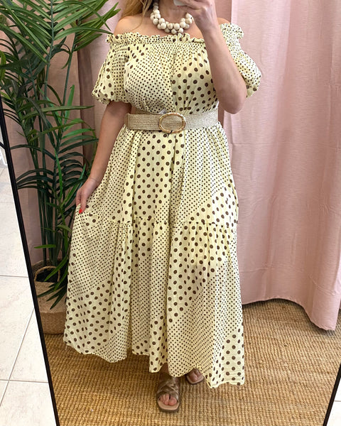Vestido comprido bolinhas amarelo