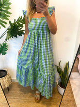 Carregar imagem no visualizador da galeria, Vestido vichy alças franzidas azul e verde
