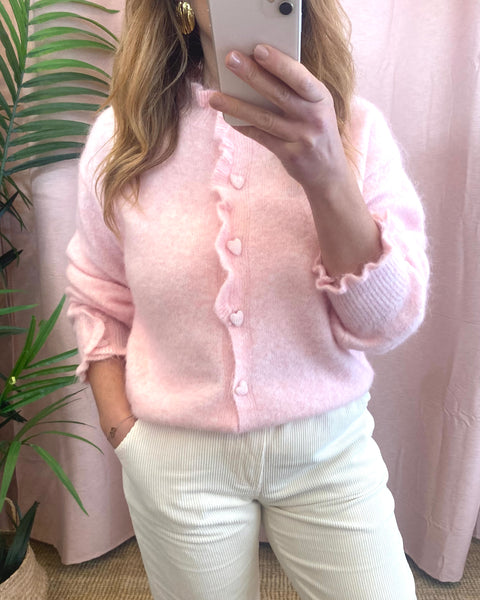 Casaco de malha rosa com botões coração